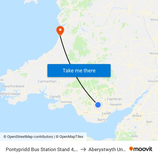 Pontypridd Bus Station Stand 4, Pontypridd to Aberystwyth University map