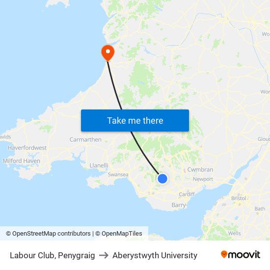 Labour Club, Penygraig to Aberystwyth University map