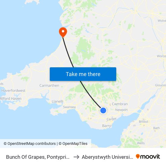 Bunch Of Grapes, Pontypridd to Aberystwyth University map