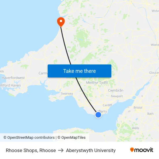 Rhoose Shops, Rhoose to Aberystwyth University map