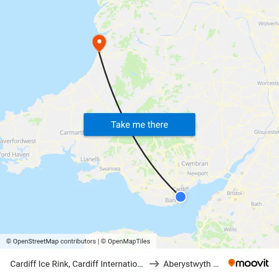 Cardiff Ice Rink, Cardiff International Sports Village to Aberystwyth University map