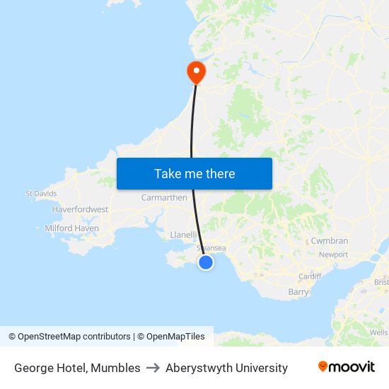 George Hotel, Mumbles to Aberystwyth University map