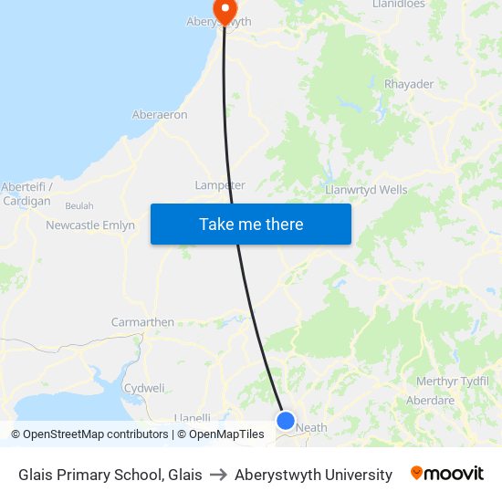 Glais Primary School, Glais to Aberystwyth University map