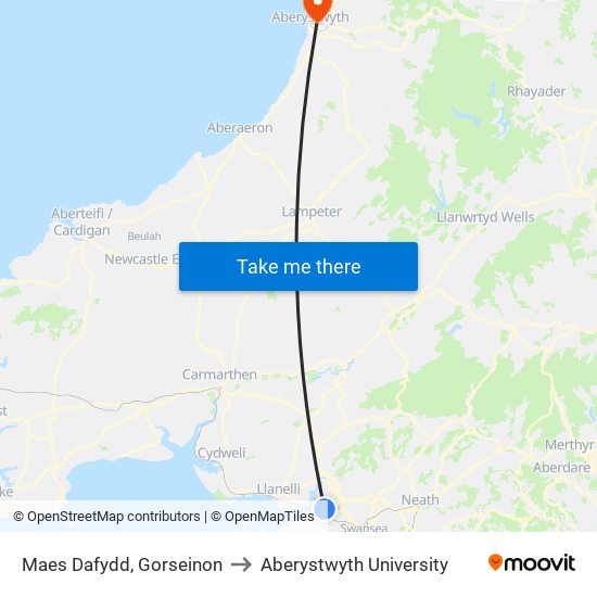 Maes Dafydd, Gorseinon to Aberystwyth University map