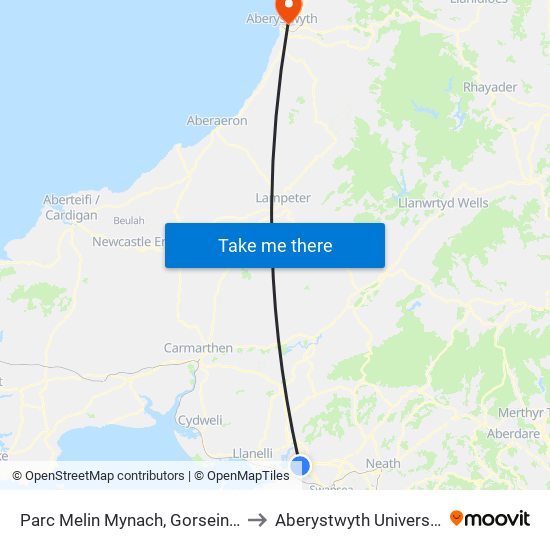 Parc Melin Mynach, Gorseinon to Aberystwyth University map