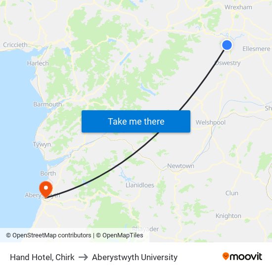 Hand Hotel, Chirk to Aberystwyth University map