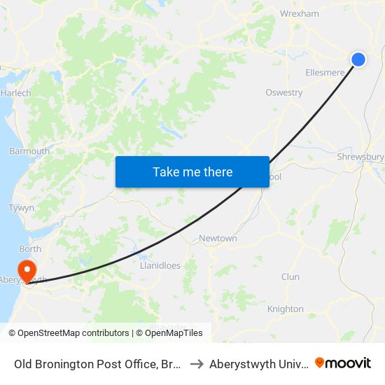 Old Bronington Post Office, Bronington to Aberystwyth University map