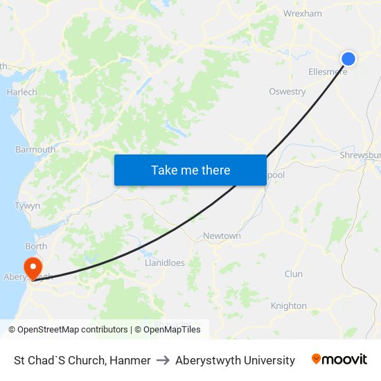 St Chad`S Church, Hanmer to Aberystwyth University map