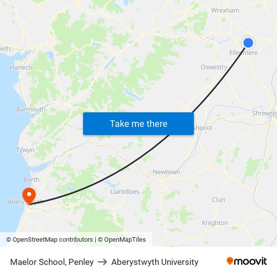 Maelor School, Penley to Aberystwyth University map