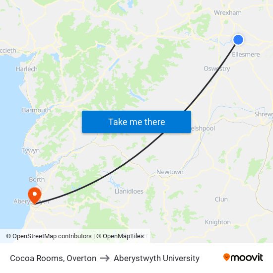 Cocoa Rooms, Overton to Aberystwyth University map