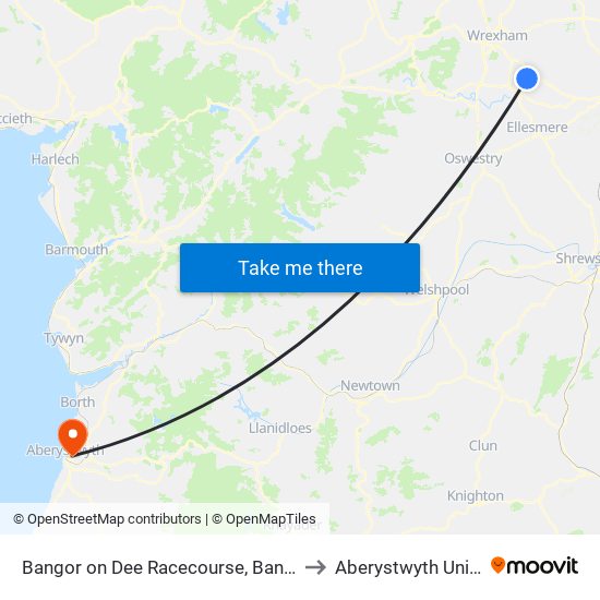 Bangor on Dee Racecourse, Bangor on Dee to Aberystwyth University map