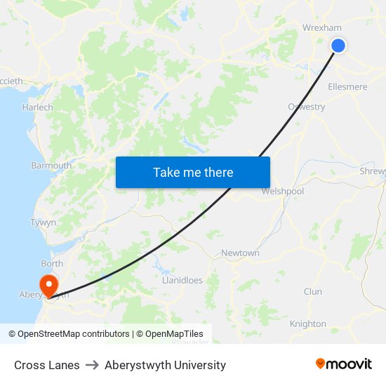 Cross Lanes to Aberystwyth University map