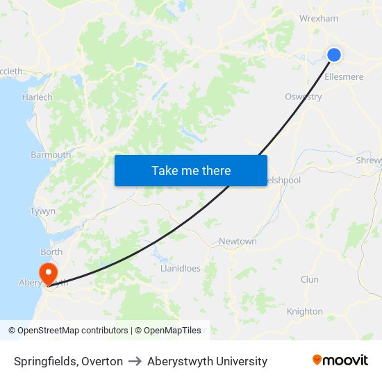 Springfields, Overton to Aberystwyth University map