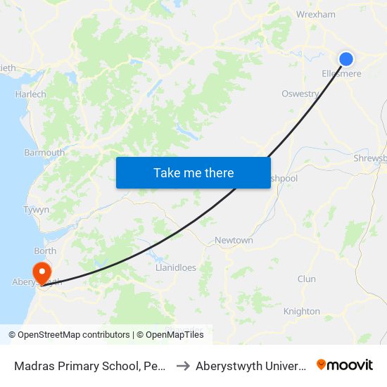 Madras Primary School, Penley to Aberystwyth University map