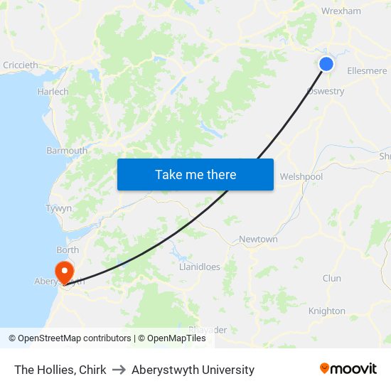 The Hollies, Chirk to Aberystwyth University map