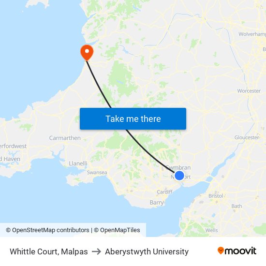 Whittle Court, Malpas to Aberystwyth University map