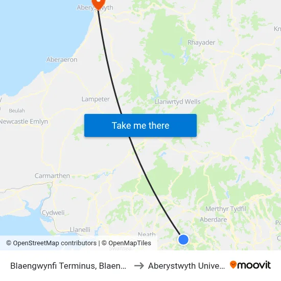 Blaengwynfi Terminus, Blaengwynfi to Aberystwyth University map
