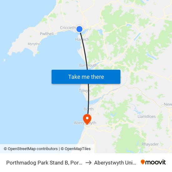 Porthmadog Park Stand B, Porthmadog to Aberystwyth University map