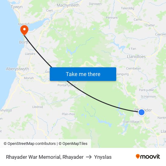 Rhayader War Memorial, Rhayader to Ynyslas map