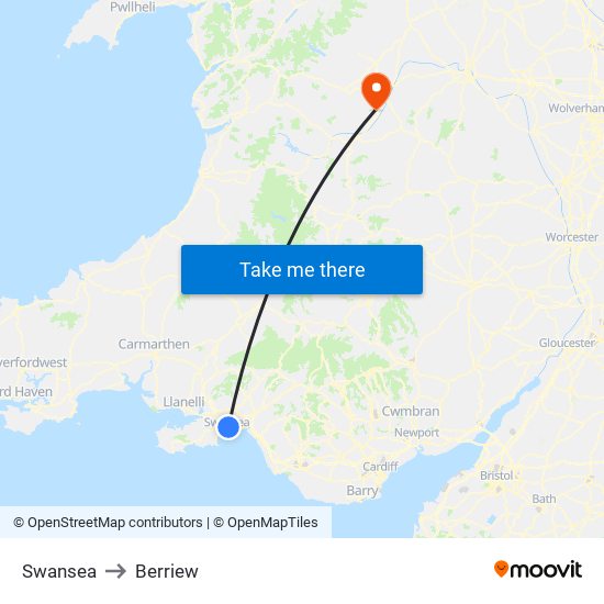 Swansea to Berriew map