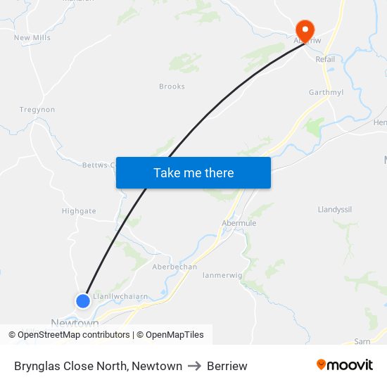 Brynglas Close North, Newtown to Berriew map