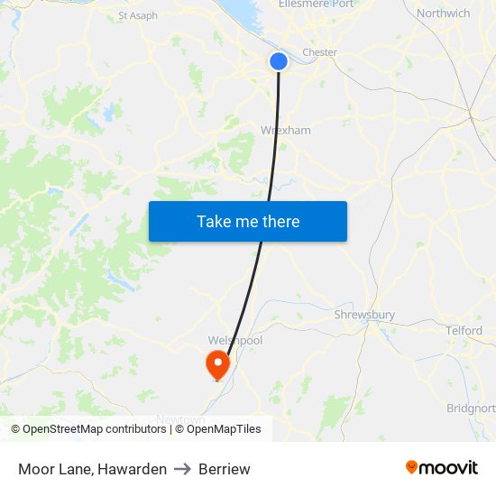 Moor Lane, Hawarden to Berriew map