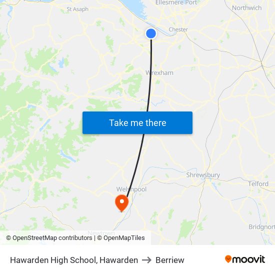 Hawarden High School, Hawarden to Berriew map