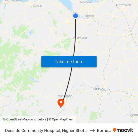 Deeside Community Hospital, Higher Shotton to Berriew map