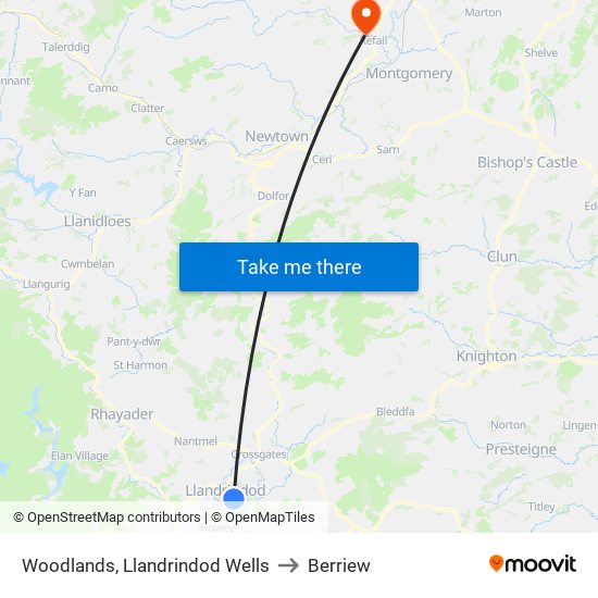 Woodlands, Llandrindod Wells to Berriew map