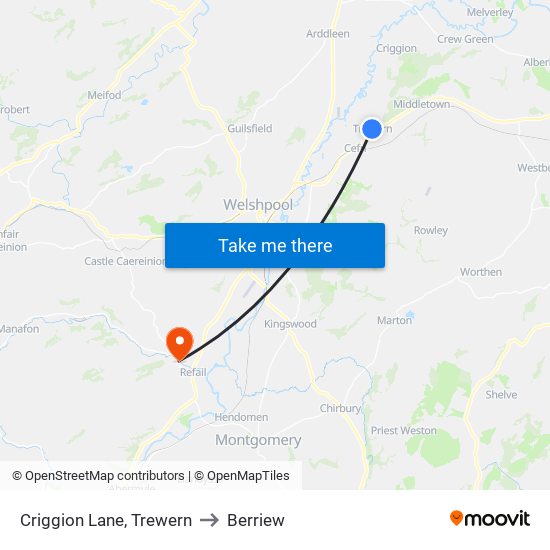 Criggion Lane, Trewern to Berriew map