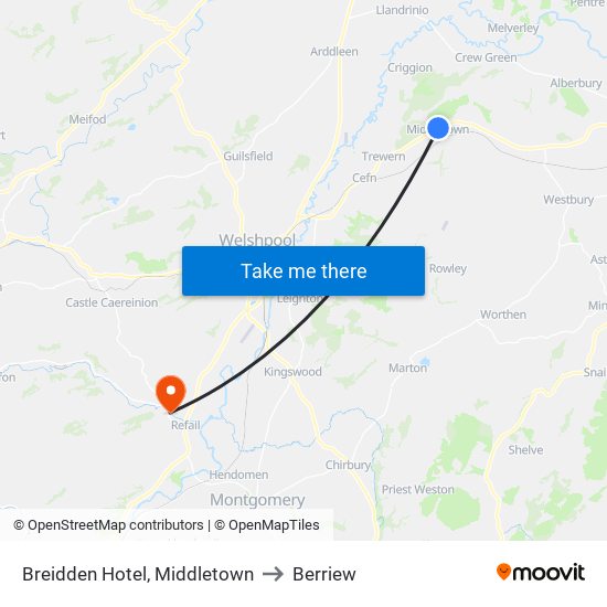 Breidden Hotel, Middletown to Berriew map