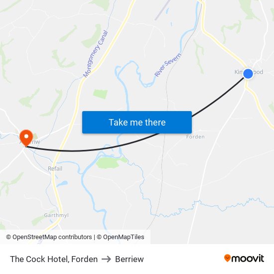 The Cock Hotel, Forden to Berriew map