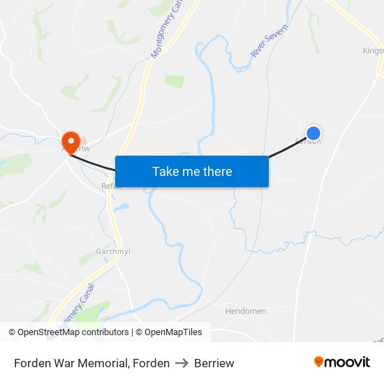 Forden War Memorial, Forden to Berriew map