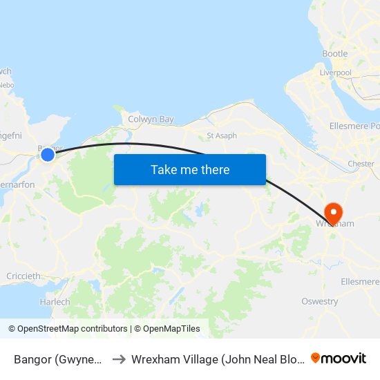 Bangor (Gwynedd) to Wrexham Village (John Neal Block) map