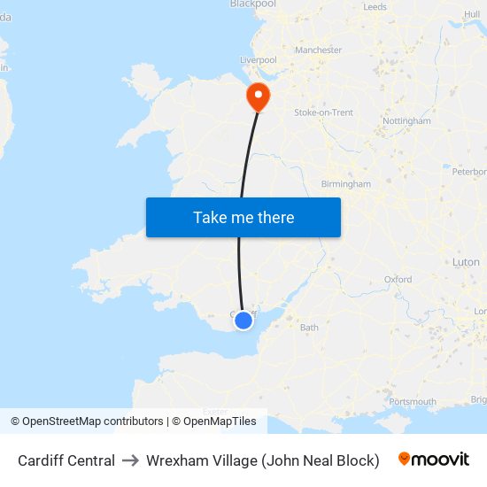 Cardiff Central to Wrexham Village (John Neal Block) map