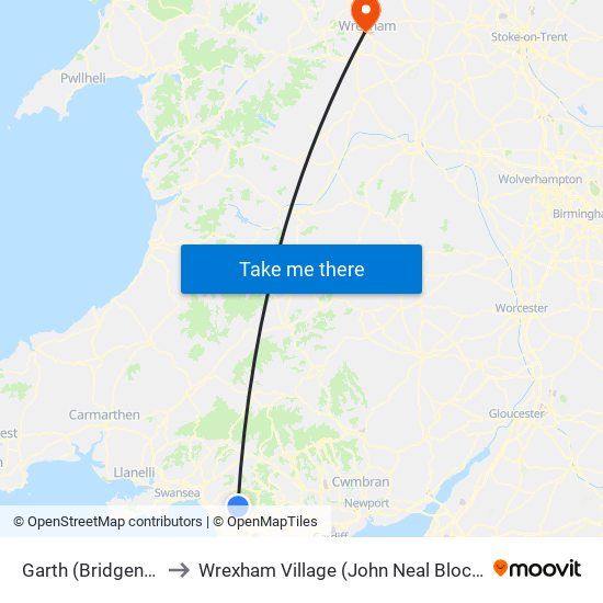 Garth (Bridgend) to Wrexham Village (John Neal Block) map