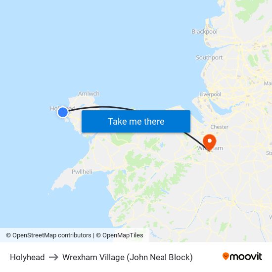 Holyhead to Wrexham Village (John Neal Block) map