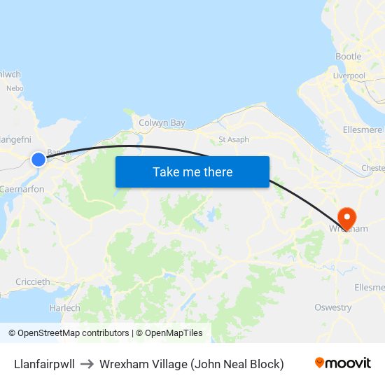 Llanfairpwll to Wrexham Village (John Neal Block) map