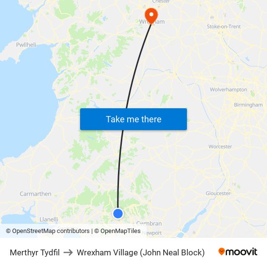 Merthyr Tydfil to Wrexham Village (John Neal Block) map