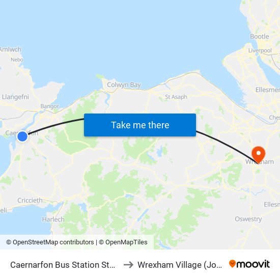 Caernarfon Bus Station Stand A, Caernarfon to Wrexham Village (John Neal Block) map