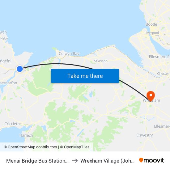 Menai Bridge Bus Station, Menai Bridge to Wrexham Village (John Neal Block) map