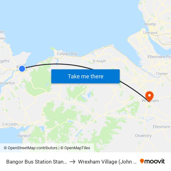 Bangor Bus Station Stand A, Bangor to Wrexham Village (John Neal Block) map