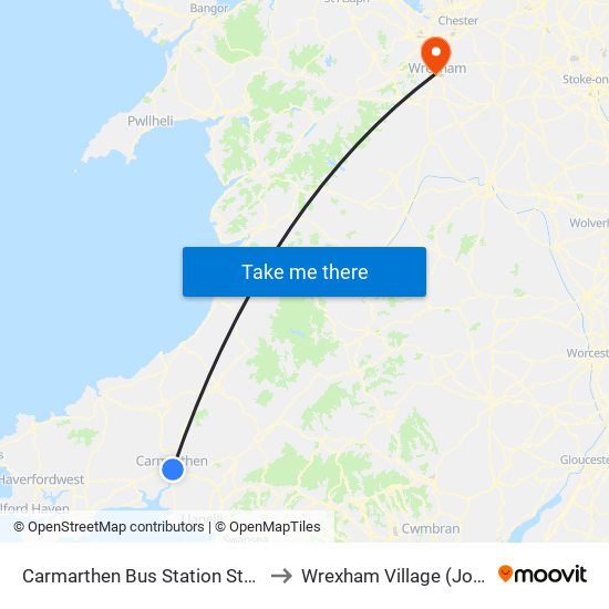 Carmarthen Bus Station Stand 1, Carmarthen to Wrexham Village (John Neal Block) map