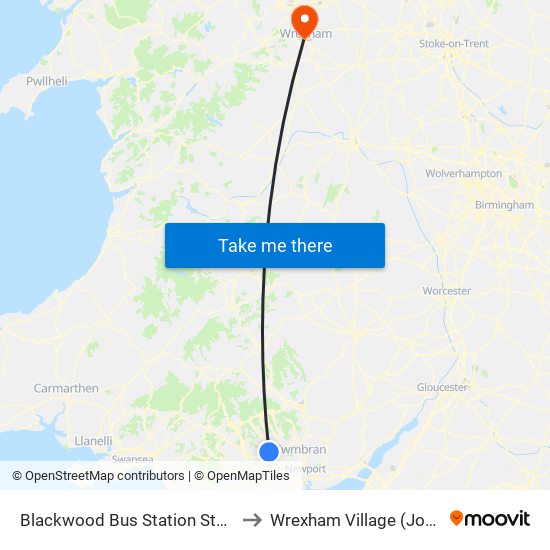 Blackwood Bus Station Stand 1, Blackwood to Wrexham Village (John Neal Block) map