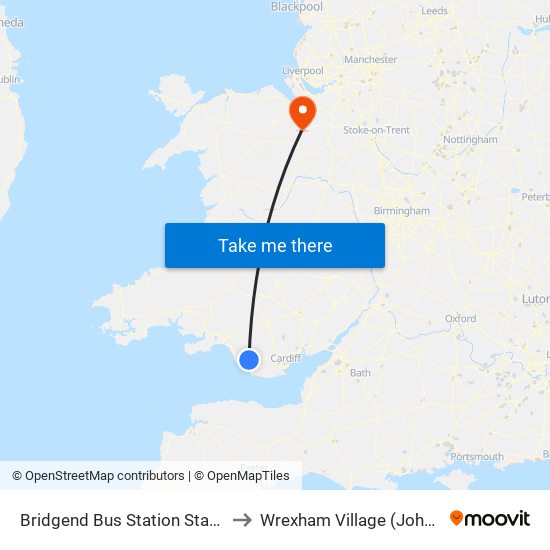 Bridgend Bus Station Stand 5, Bridgend to Wrexham Village (John Neal Block) map