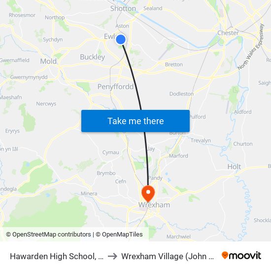Hawarden High School, Hawarden to Wrexham Village (John Neal Block) map