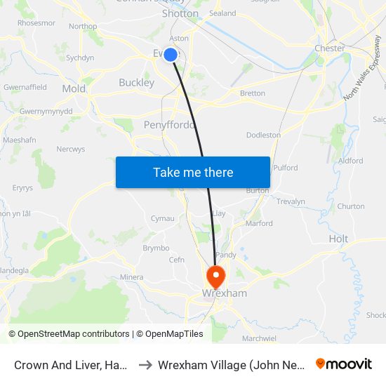 Crown And Liver, Hawarden to Wrexham Village (John Neal Block) map