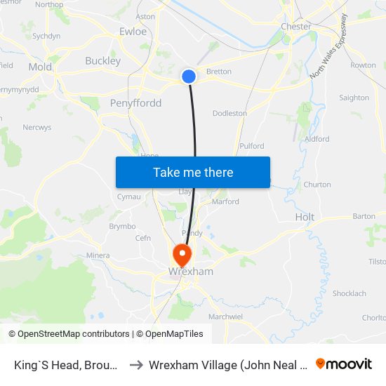 King`S Head, Broughton to Wrexham Village (John Neal Block) map