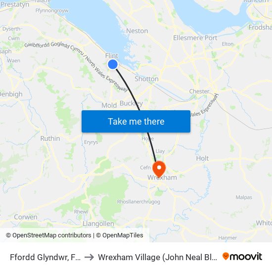 Ffordd Glyndwr, Flint to Wrexham Village (John Neal Block) map