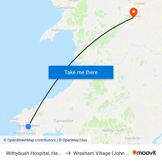 Withybush Hospital, Haverfordwest to Wrexham Village (John Neal Block) map